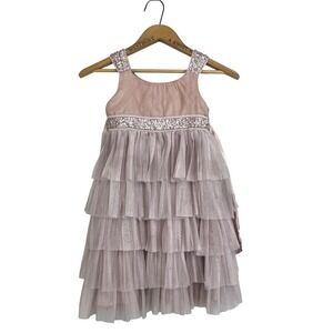 Monsoon Girls Silk Tulle Tiered Sequin Party Dress Dusty Pink Size 5-6 Years